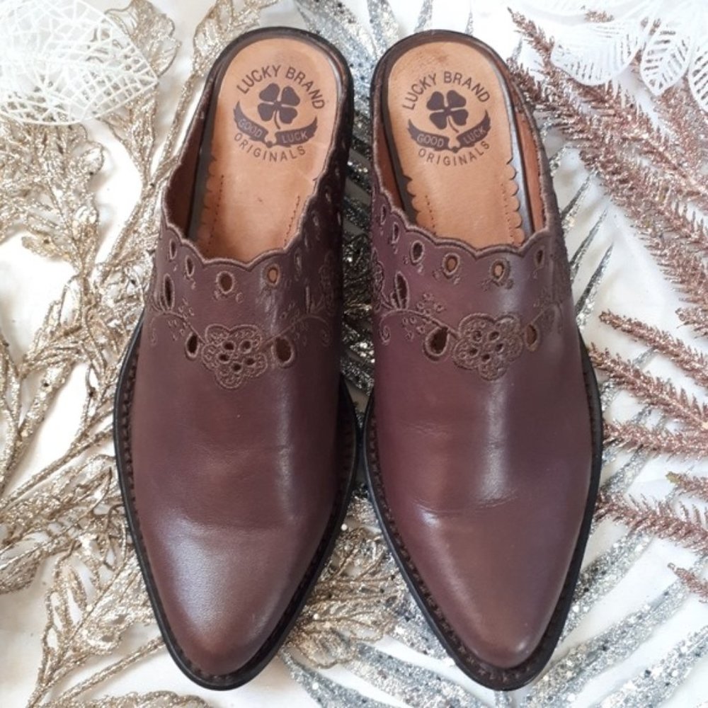 Lucky Brand Clair Leather Shoe Slip On Mule Brown